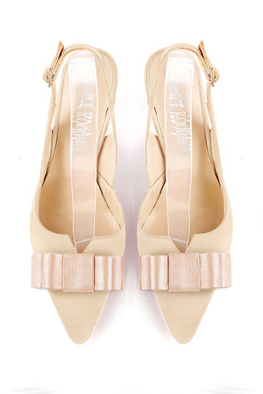 Champagne white and gold women's open back shoes, with a knot. Tapered toe. Medium slim heel. Top view - Florence KOOIJMAN